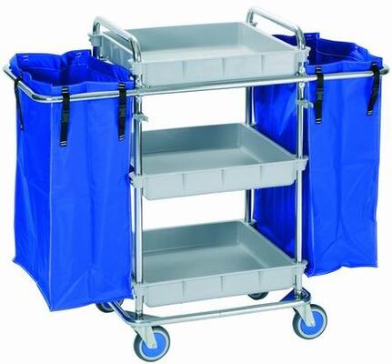 Chrome Housekeeping Trolley 3 Trays and 2 Bags